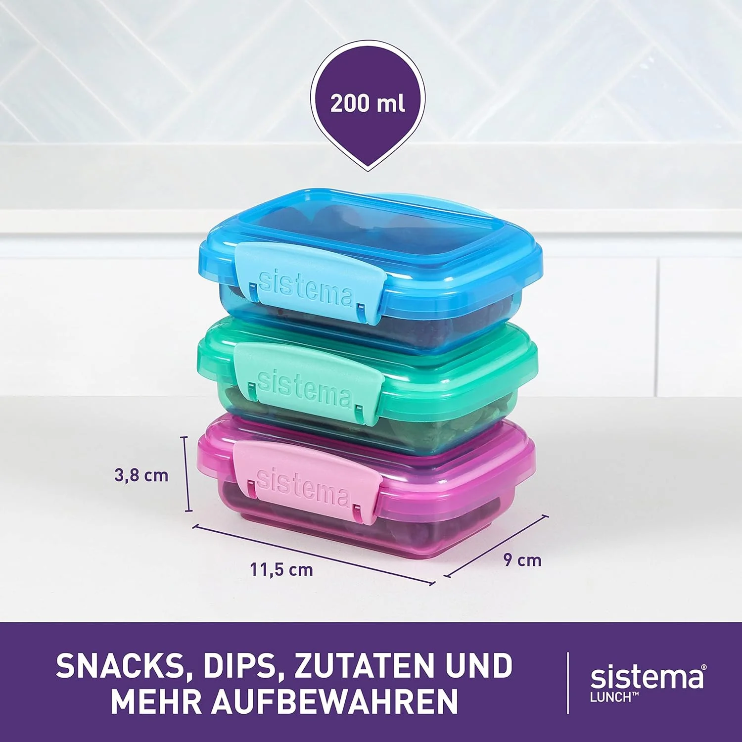 Sistema Lunch Food Storage Containers With Contrasting Clips, Green/Pink/Blue, 200 ml, Pack Of 3 6.7oz, 41524