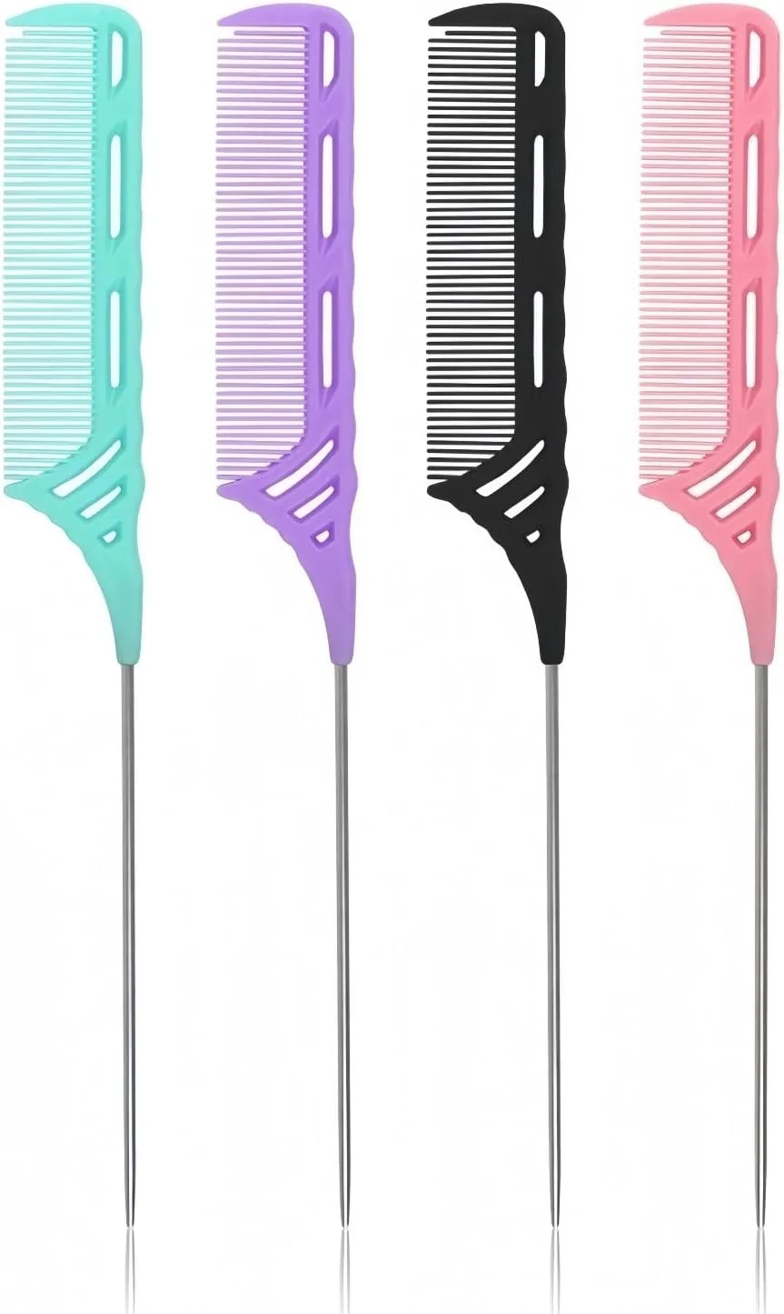 ست شانه دم موشی TIKMNO، 4 عددی - شانه های دم موشی سوزن فولادی، فیبر کربنی مقاوم در برابر حرارت، با طراحی توخالی، شانه های فلزی جداکننده مو برای زنان، شانه حالت دهنده 4 رنگ برای حالت دادن دقیق مو