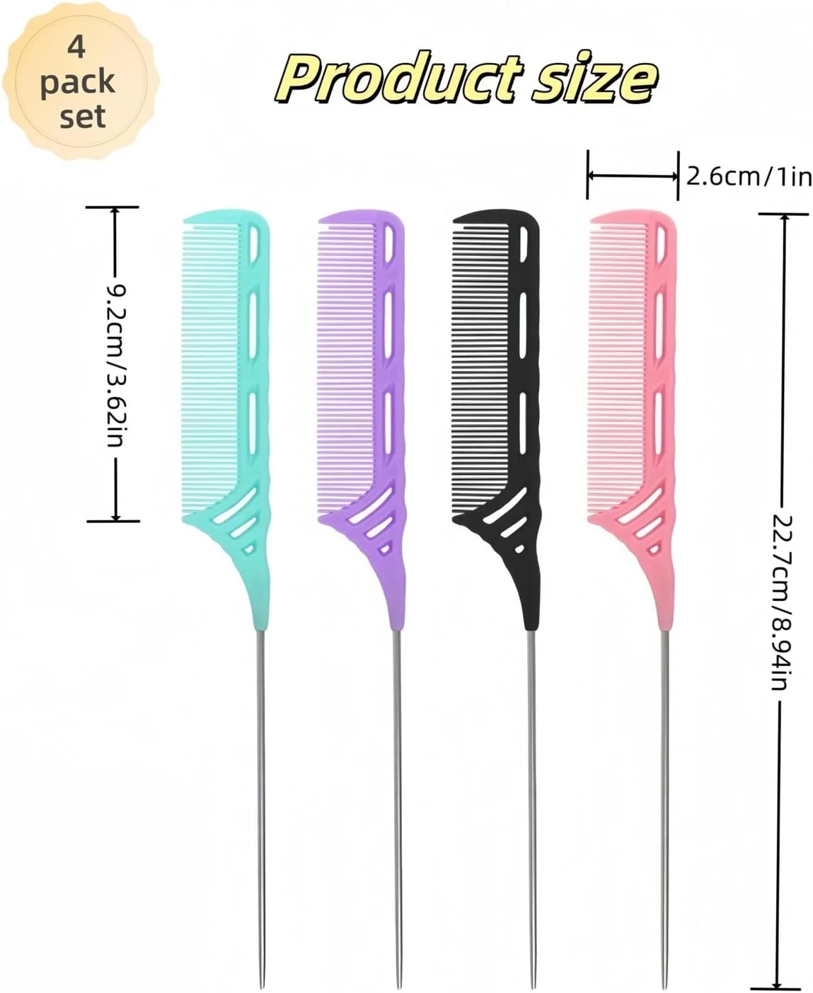 ست شانه دم موشی TIKMNO، 4 عددی - شانه های دم موشی سوزن فولادی، فیبر کربنی مقاوم در برابر حرارت، با طراحی توخالی، شانه های فلزی جداکننده مو برای زنان، شانه حالت دهنده 4 رنگ برای حالت دادن دقیق مو