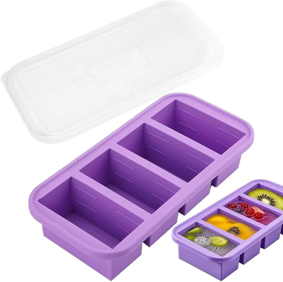 قالب سیلیکونی سینی یخ مکعبی فریزر با درب، ظرف سیلیکونی 4 قسمتی فریزر، قالب های غذایی، ظرف آماده سازی آسان غذا، راه حل نگهداری آشپزخانه برای نگهداری سوپ، کاری، آب گوشت، سس، باقیمانده غذا (T-4)