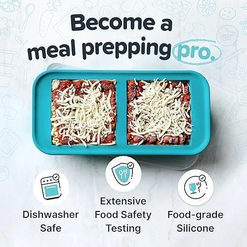 بسته 2 عددی سینی فریزر سیلیکونی با درب، قالب های سیلیکونی 2 فنجانی برای نگهداری لازانیا، باقیمانده غذا، سس ها و وعده های غذایی порциони، ایده آل برای آماده سازی غذا، آبی