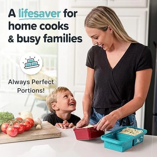 بسته 2 عددی سینی فریزر سیلیکونی با درب، قالب های سیلیکونی 2 فنجانی برای نگهداری لازانیا، باقیمانده غذا، سس ها و وعده های غذایی порциони، ایده آل برای آماده سازی غذا، آبی