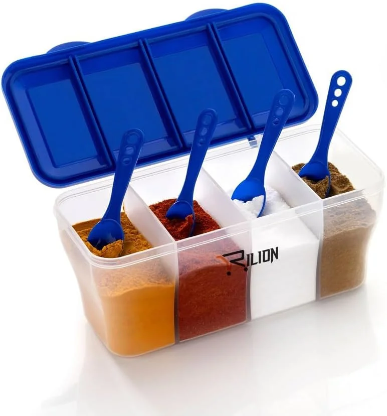ظرف ادویه 4 در 1 چند منظوره پلاستیکی RILION برای آشپزخانه، جعبه ادویه برای آشپزخانه، ظروف نگهداری شفاف 4 قسمتی مواد غذایی، غلات، میوه های خشک درب دار 1800 میلی لیتر با 4 قاشق (آبی)
