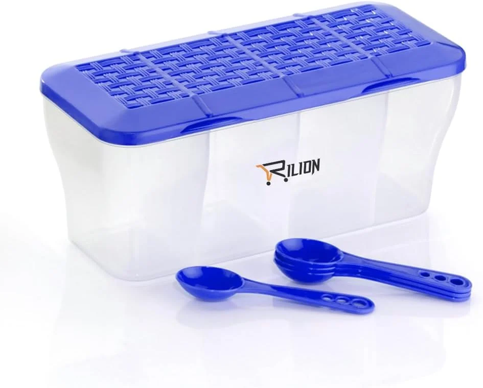 ظرف ادویه 4 در 1 چند منظوره پلاستیکی RILION برای آشپزخانه، جعبه ادویه برای آشپزخانه، ظروف نگهداری شفاف 4 قسمتی مواد غذایی، غلات، میوه های خشک درب دار 1800 میلی لیتر با 4 قاشق (آبی)