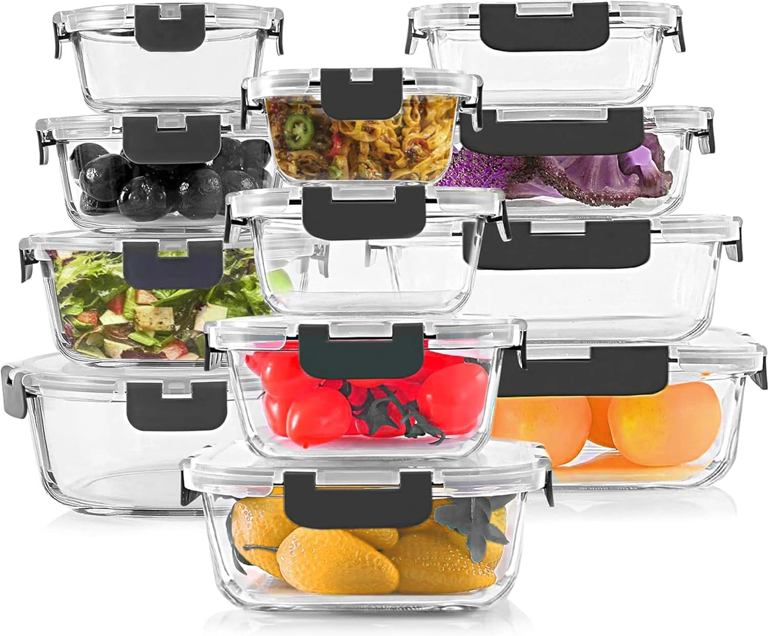 ظروف شیشه ای نگهداری مواد غذایی RFAQK - ست 12 عددی ظروف چند منظوره آماده سازی غذا برای نگهداری و سازماندهی آشپزخانه - جعبه ناهار ضد نشت، ظروف شیشه ای ماشین ظرفشویی با درب های محکم