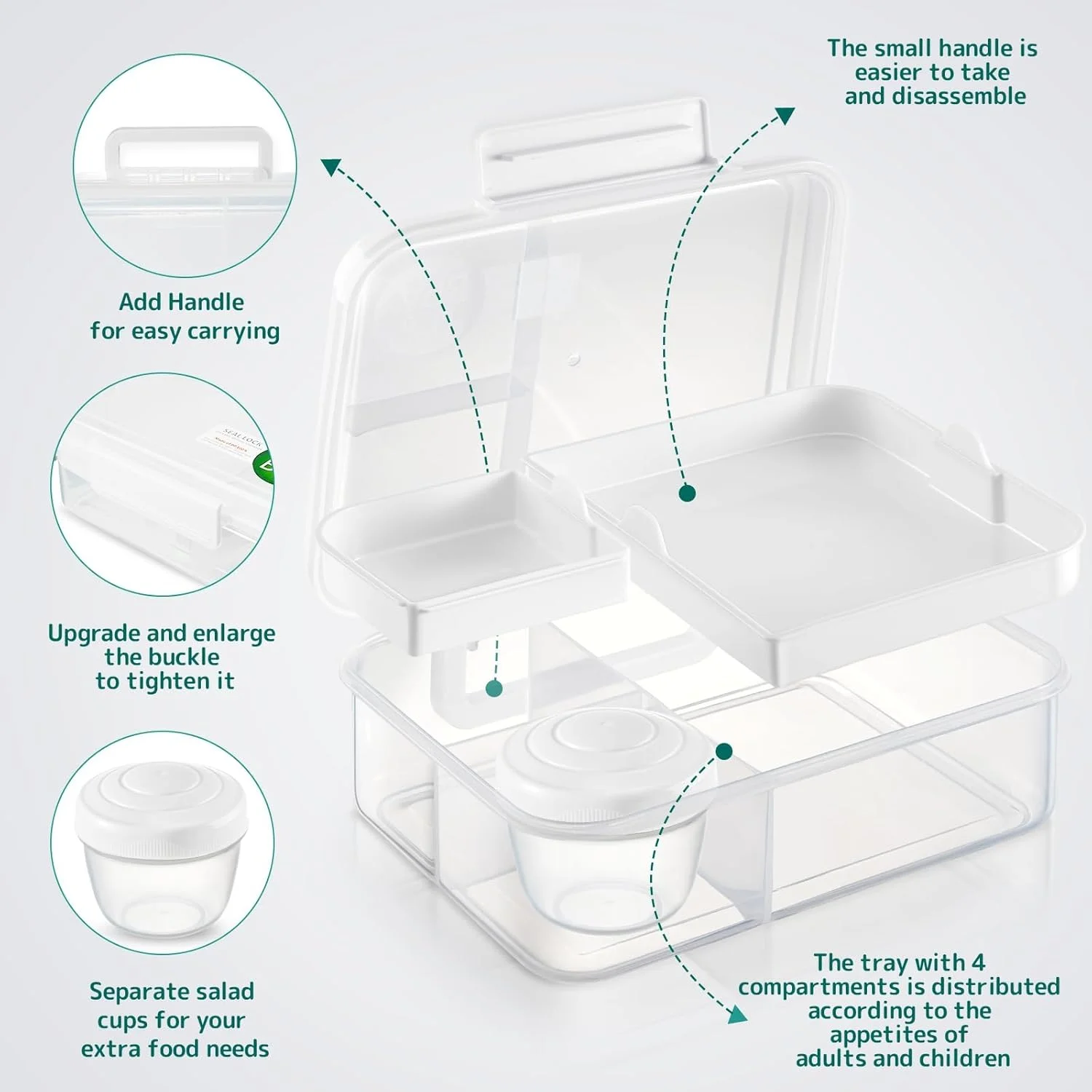 ظروف آماده سازی غذای قابل استفاده مجدد - جعبه بنتو بزرگسالان با محفظه های اسنک، 2 سینی جداشدنی و ظرف سس سالاد، ظرفیت 1650 میلی لیتر (سفید) - ایده آل برای ناهارهای سالم و غذاهای در حال حرکت