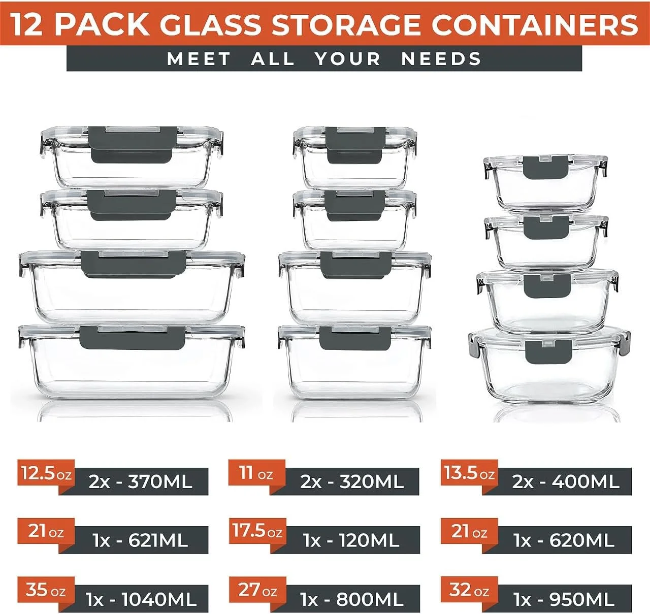 ظروف شیشه ای نگهداری مواد غذایی RFAQK - ست 12 عددی ظروف چند منظوره آماده سازی غذا برای نگهداری و سازماندهی آشپزخانه - جعبه ناهار ضد نشت، ظروف شیشه ای ماشین ظرفشویی با درب های محکم
