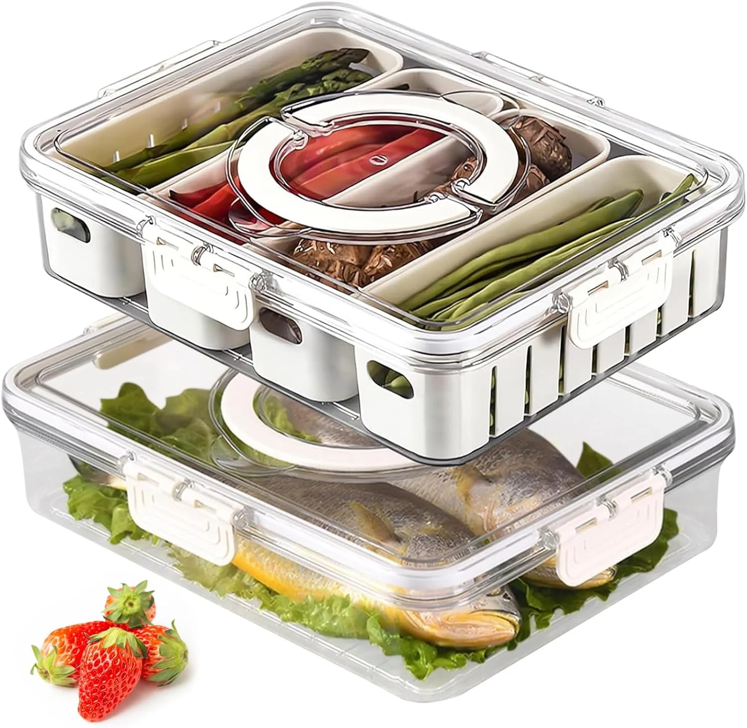 جعبه نظم دهنده یخچال 2 عددی، ظرف نگهداری مواد غذایی تقسیم شده، سبد نگهداری میوه با 4 سبد تخلیه، جعبه صافی سبزیجات قابل چیدن، ظرف یخچال برای آب نبات، میوه ها، سبزیجات، ماهی