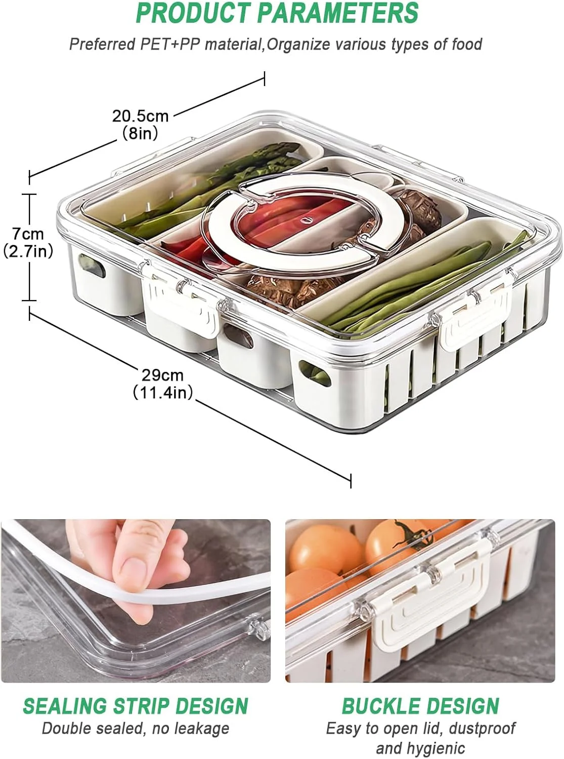 جعبه نظم دهنده یخچال 2 عددی، ظرف نگهداری مواد غذایی تقسیم شده، سبد نگهداری میوه با 4 سبد تخلیه، جعبه صافی سبزیجات قابل چیدن، ظرف یخچال برای آب نبات، میوه ها، سبزیجات، ماهی