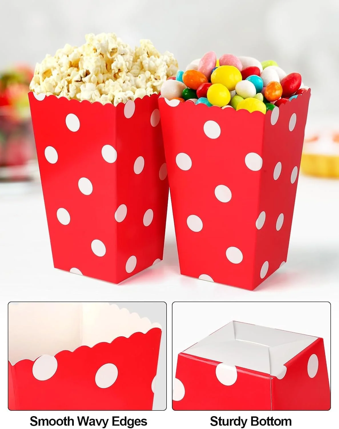 جعبه پاپ کورن مینی 40 عددی، پاکت پاپ کورن قرمز برای مهمانی، جعبه پاپ کورن کوچک قابل استفاده مجدد، سطل کاغذی برای نگهداری آبنبات برای شب فیلم، جشن تولد، مهمانی خواب، جشن کریسمس (7.1x5.1x11.4 سانتی متر)