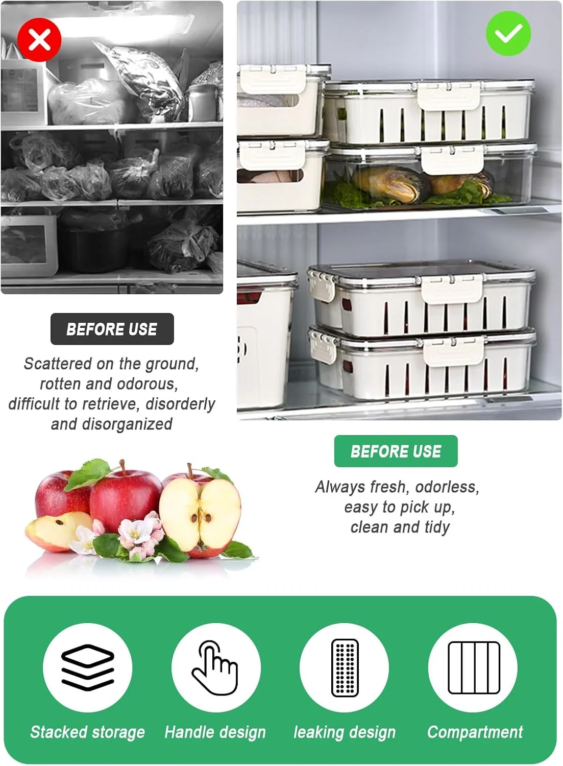 جعبه نظم دهنده یخچال 2 عددی، ظرف نگهداری مواد غذایی تقسیم شده، سبد نگهداری میوه با 4 سبد تخلیه، جعبه صافی سبزیجات قابل چیدن، ظرف یخچال برای آب نبات، میوه ها، سبزیجات، ماهی