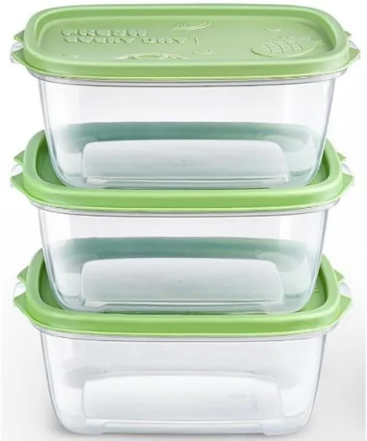 ست 3 عددی ظروف مستطیلی پلاستیکی غذا با درب. جعبه نگهداری غذا، ست ظروف، نگهداری غذا، ظروف غذا، ظرف پلاستیکی، مناسب برای مدرسه، کار و مسافرت، سبز - 1000 میلی لیتر در هر جعبه