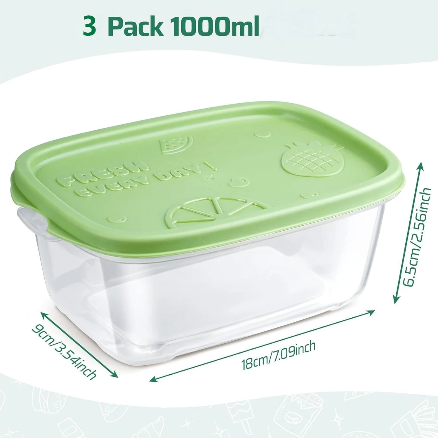 ست 3 عددی ظروف مستطیلی پلاستیکی غذا با درب. جعبه نگهداری غذا، ست ظروف، نگهداری غذا، ظروف غذا، ظرف پلاستیکی، مناسب برای مدرسه، کار و مسافرت، سبز - 1000 میلی لیتر در هر جعبه