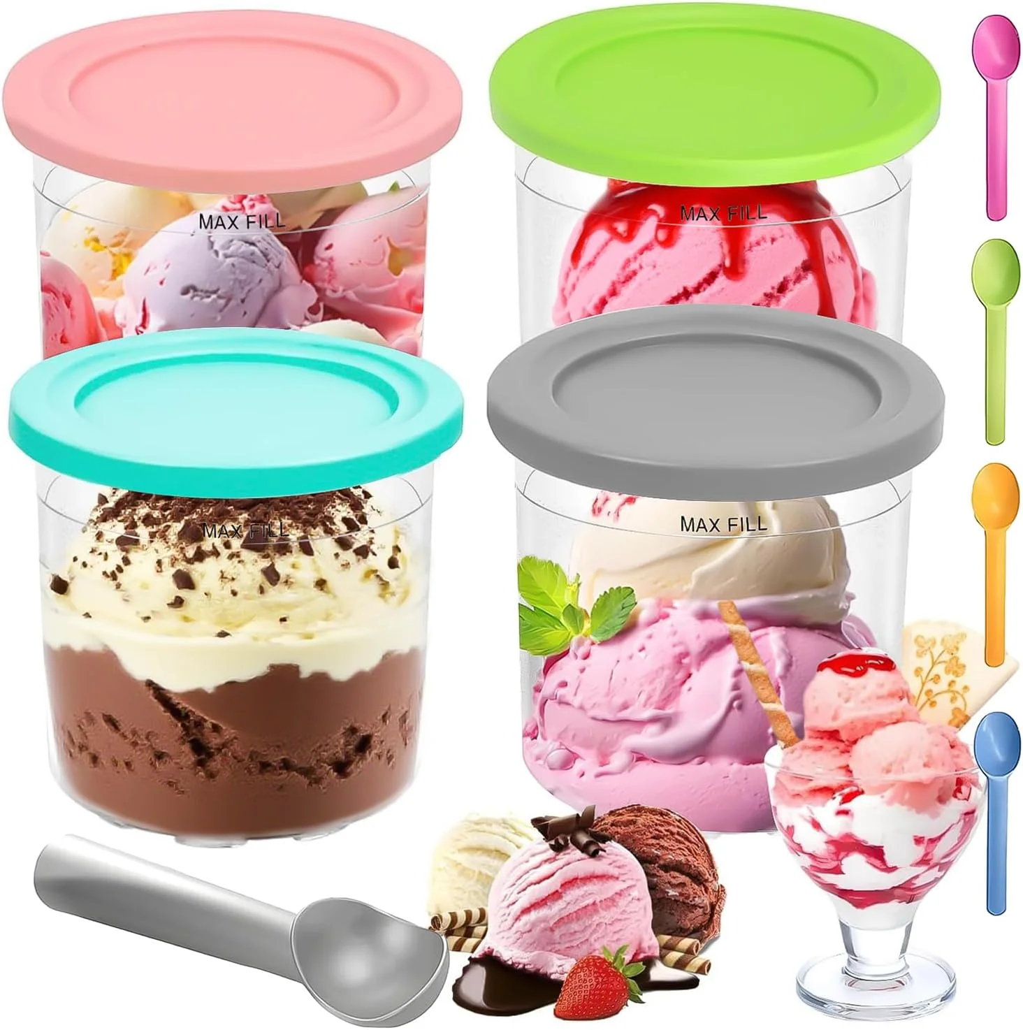 مجموعه ۴ عددی پیمانه و درب بستنی QUEENADA سازگار با Ninja NC299AMZ و NC300s - ظروف جایگزین ۱۶ اونسی اضافی با ۴ اسکوپ (آبی، صورتی، سبز، صورتی)