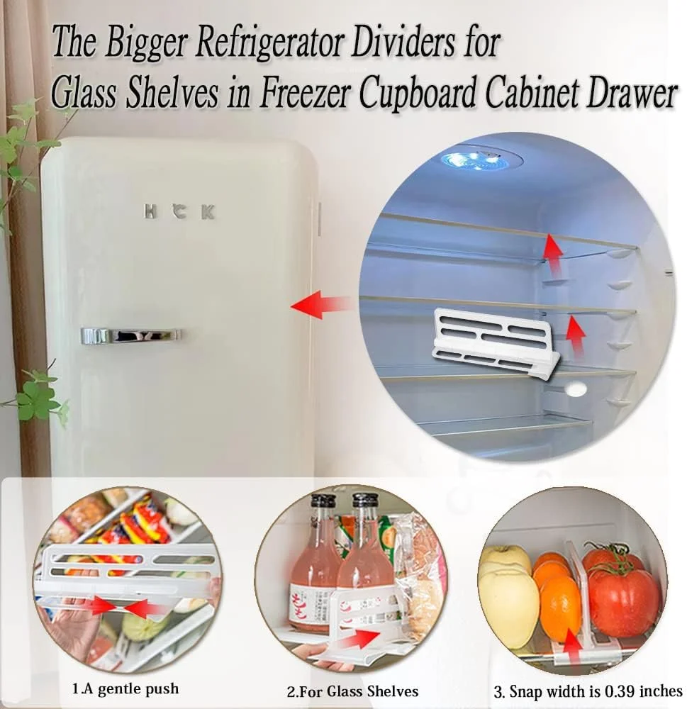 مجموعه 16 عددی جداکننده سفید یخچال، 8 جداکننده بزرگتر یخچال برای طبقات شیشه ای در فریزر، کمد، کشو، به همراه 8 جداکننده کوچکتر قابل تنظیم یخچال برای جدا کننده شبکه سازمان دهنده درب یخچال