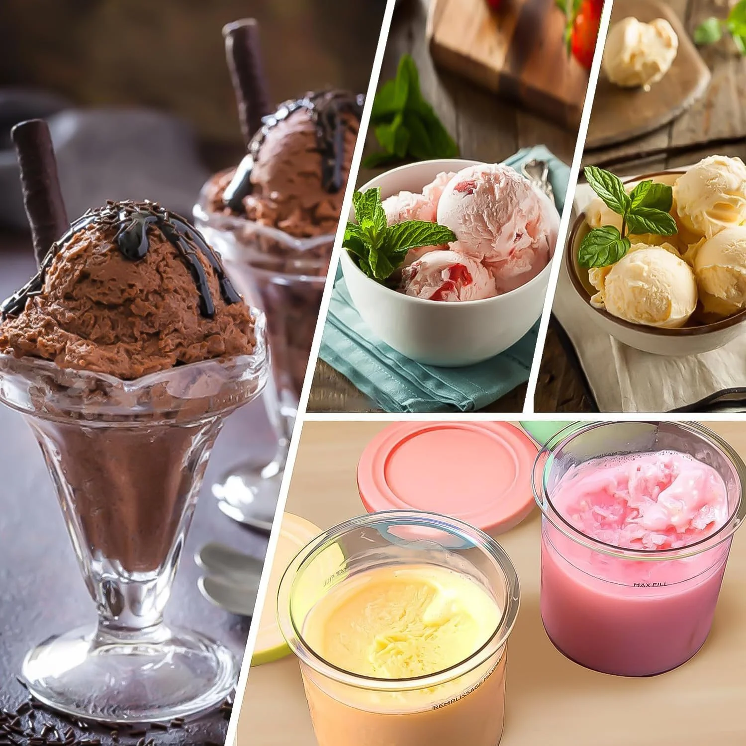 مجموعه ۴ عددی پیمانه و درب بستنی QUEENADA سازگار با Ninja NC299AMZ و NC300s - ظروف جایگزین ۱۶ اونسی اضافی با ۴ اسکوپ (آبی، صورتی، سبز، صورتی)