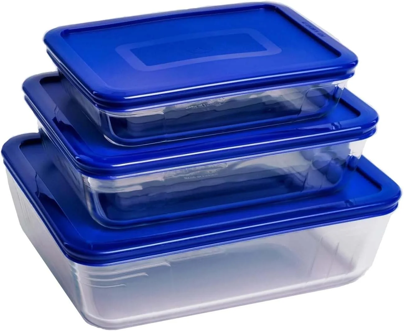 ست ظروف پیرکس مستطیلی 3 در 1 - 1.5 لیتر، 0.8 لیتر و 2.6 لیتر با درب های آبی
