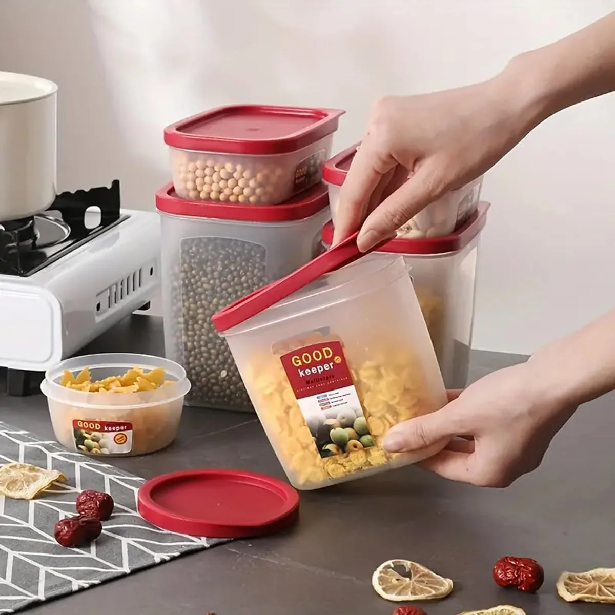 ظروف نگهداری غذا Premify، ۱۰ تکه با درب | ظروف پلاستیکی درب دار برای آشپزخانه | قابل چیدن، فاقد BPA و قابل استفاده در مایکروویو، فریزر و ماشین ظرفشویی