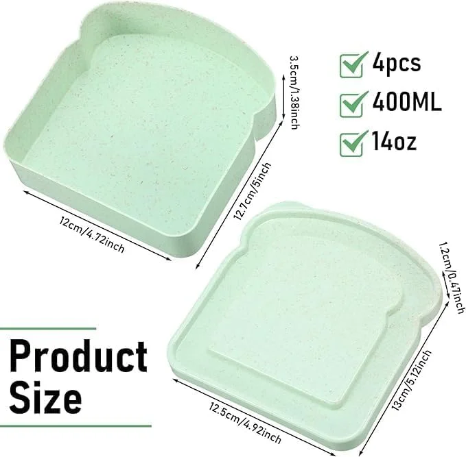 جعبه ساندویچ پریمفی، 4 عددی، ظروف جعبه ناهار، جنس نی گندم ایمن برای مواد غذایی، ظرف نگهداری نان تست برای نان/ساندویچ/غذا، قابل استفاده در مایکروویو، ماشین ظرفشویی و فریزر