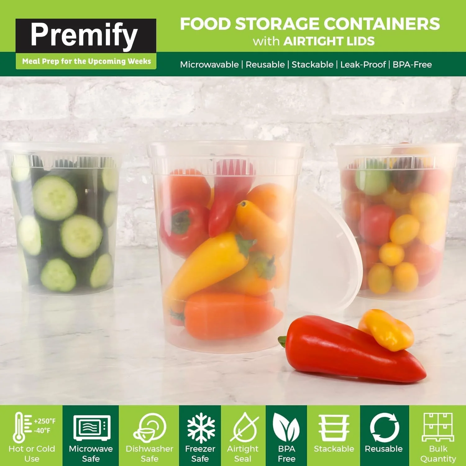 ظروف غذای آماده 24 عددی Premify با درب - 32oz (1000ml)، لیوان های پلاستیکی یکبار مصرف برای آماده سازی غذا، ضد نشت، ظروف قابل استفاده مجدد برای غذای بیرون بر، فاقد BPA، قابل شستشو در ماشین ظرفشویی، ایمن در مایکروویو