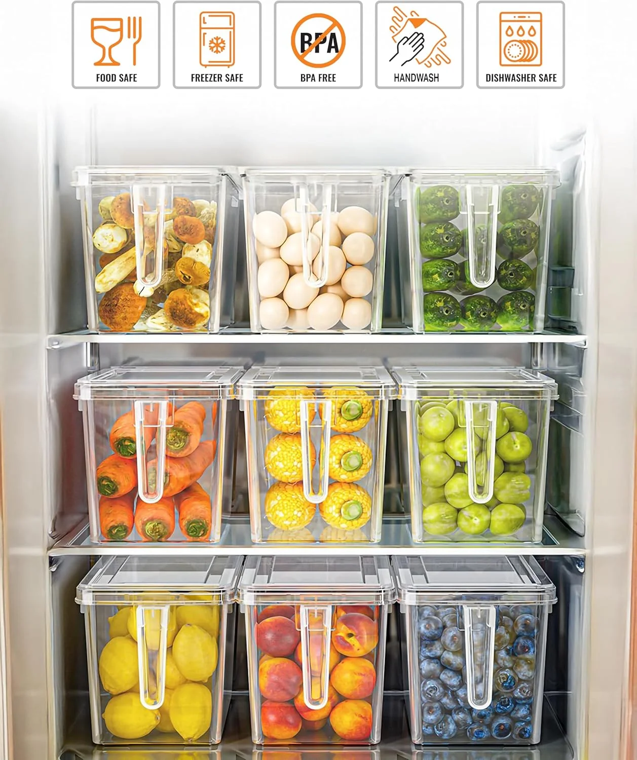 ست 5 تکه ظروف نگهداری مواد غذایی بادوام YAH - سازمان دهنده کابینت با درب - ظروف 4 لیتری قابل چیدن در یخچال آشپزخانه با دستگیره، قابل استفاده در فریزر و ماشین ظرفشویی، برای غذا، میوه، سبزیجات، نگهداری خشک.