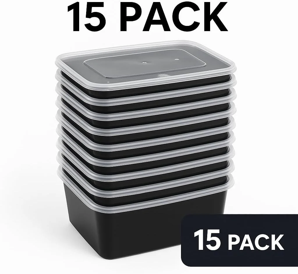 [بسته 15 عددی] ظروف نگهداری مواد غذایی یکبار مصرف 1000 میلی لیتری با درب - جعبه های مستطیلی مشکی آماده سازی غذا - قابل استفاده در مایکروویو و فریزر، ضد نشت، بدون BPA، قابل استفاده مجدد، قابل چیدن