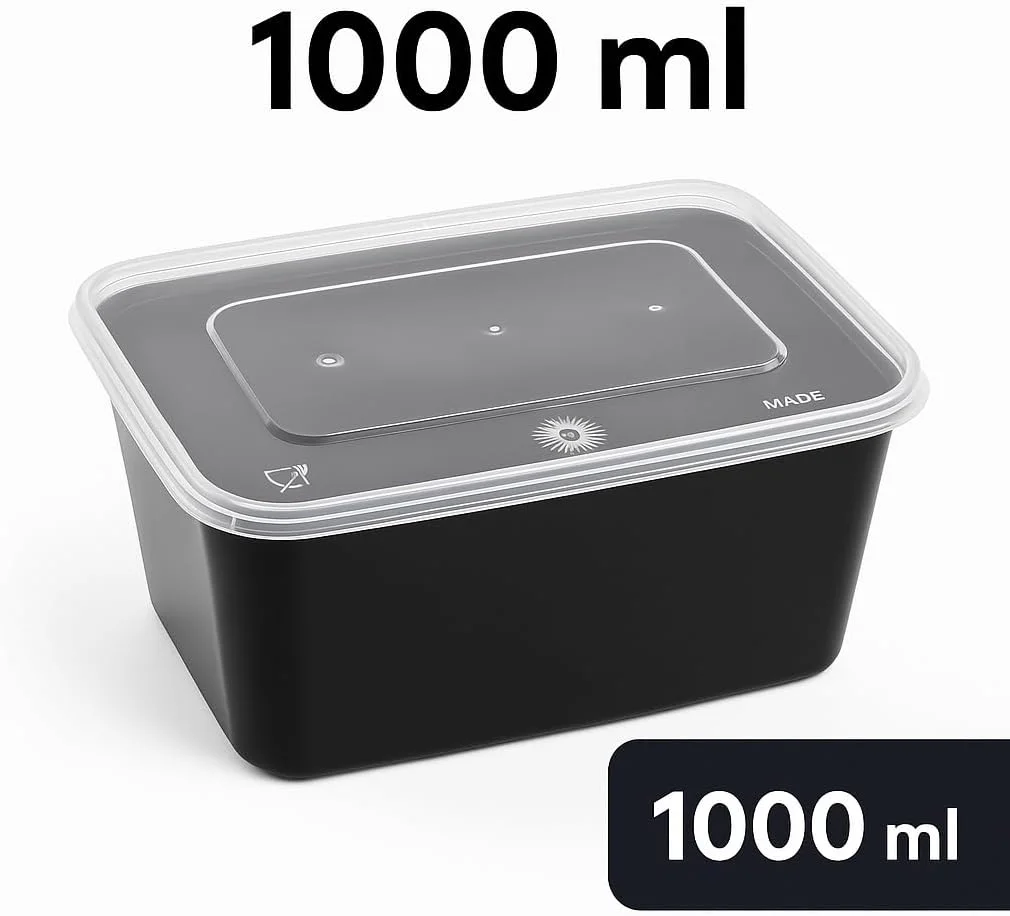 [بسته 15 عددی] ظروف نگهداری مواد غذایی یکبار مصرف 1000 میلی لیتری با درب - جعبه های مستطیلی مشکی آماده سازی غذا - قابل استفاده در مایکروویو و فریزر، ضد نشت، بدون BPA، قابل استفاده مجدد، قابل چیدن