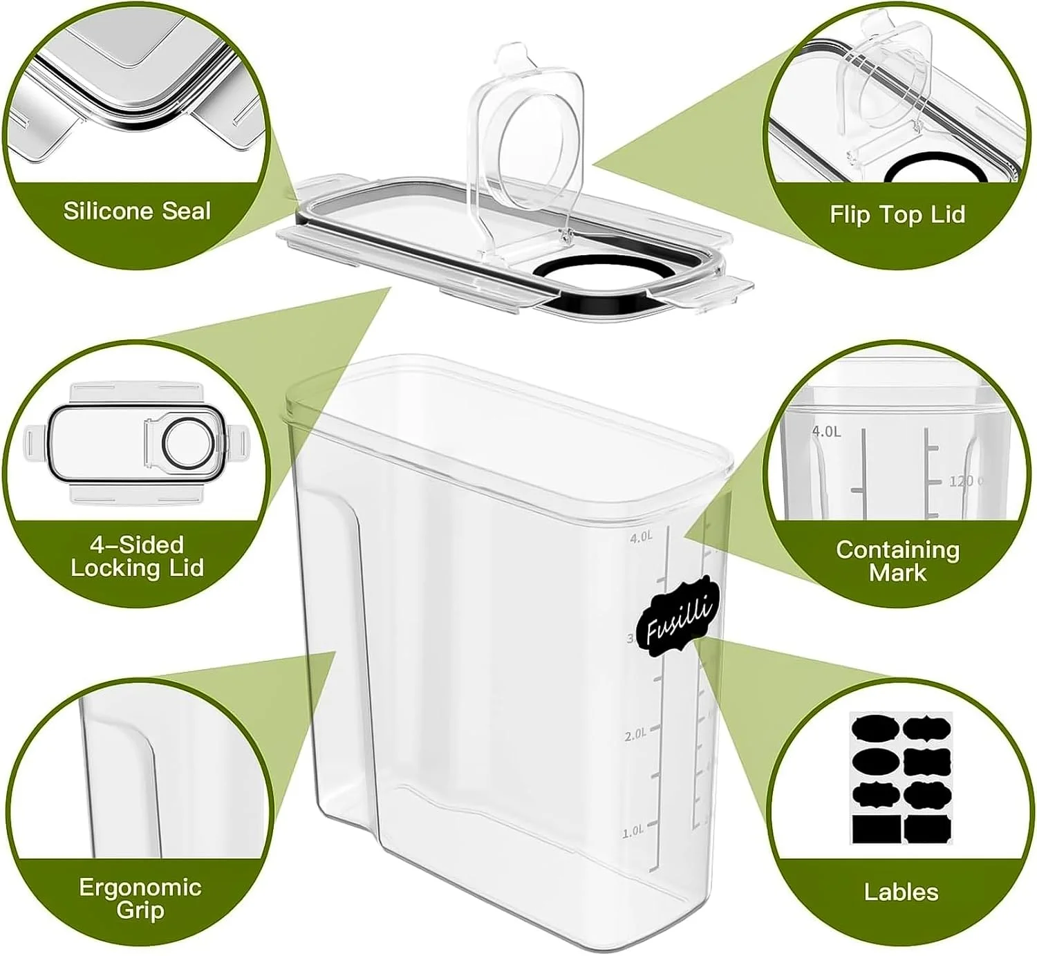 مجموعه 4 عددی ظروف نگهداری غلات و مواد غذایی خشک - ظروف پلاستیکی بدون BPA برای سازماندهی آشپزخانه و انبار، مناسب برای آرد، شکر، برنج، آجیل، تنقلات و غذای حیوانات خانگی (2.5 لیتر)