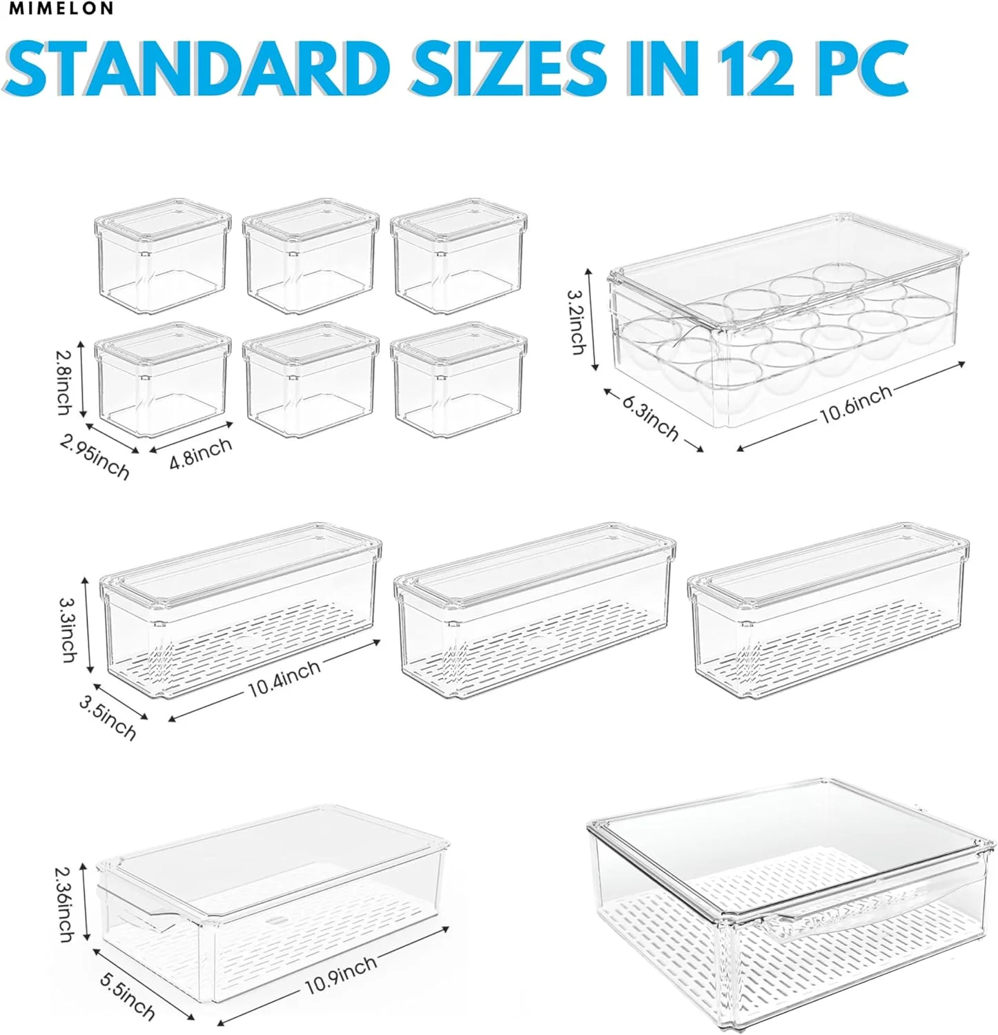 مایملون بسته 12 عددی ارگانایزر یخچال، سطل های ارگانایزر یخچال قابل انباشته با درب، ارگانایزرهای یخچال بدون BPA و ظرف نگهداری مواد غذایی | ایده آل برای میوه، سبزیجات، نگهداری در فریزر و موارد دیگر!