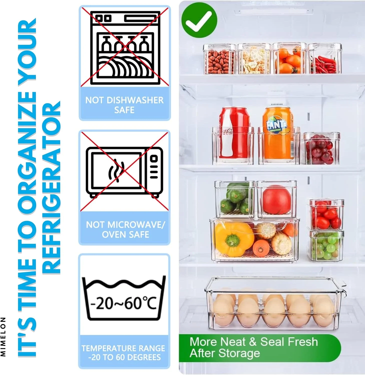 مایملون بسته 12 عددی ارگانایزر یخچال، سطل های ارگانایزر یخچال قابل انباشته با درب، ارگانایزرهای یخچال بدون BPA و ظرف نگهداری مواد غذایی | ایده آل برای میوه، سبزیجات، نگهداری در فریزر و موارد دیگر!