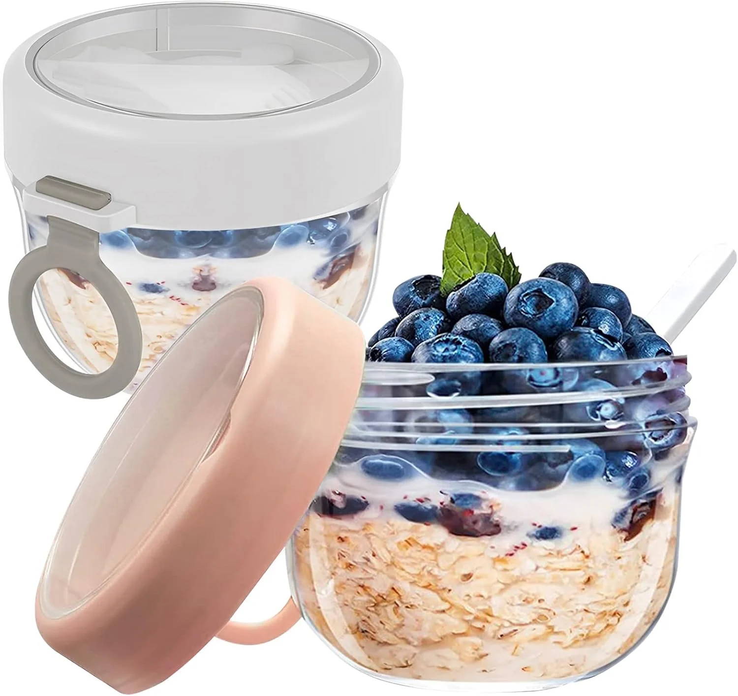 ظروف جو دوسر یک شبه 2 عددی با درب و قاشق تاشو، شیشه جو دوسر ضد نشت 600 میلی لیتری، فنجان ماست صبحانه، ظرف نگهداری مواد غذایی درب دار، فنجان دسر، مناسب برای مایکروویو (2PCS A)