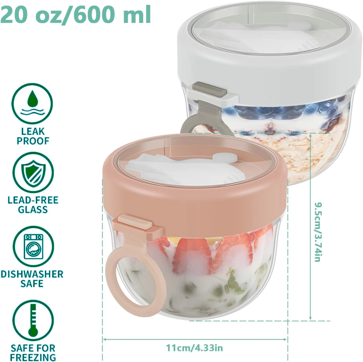 ظروف جو دوسر یک شبه 2 عددی با درب و قاشق تاشو، شیشه جو دوسر ضد نشت 600 میلی لیتری، فنجان ماست صبحانه، ظرف نگهداری مواد غذایی درب دار، فنجان دسر، مناسب برای مایکروویو (2PCS A)