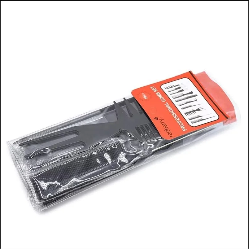 ست شانه حالت دهنده حرفه ای مو، پلاستیک مشکی، 10 تکه، فاصله دندانه های مختلف، برای باز کردن گره و تقسیم بندی