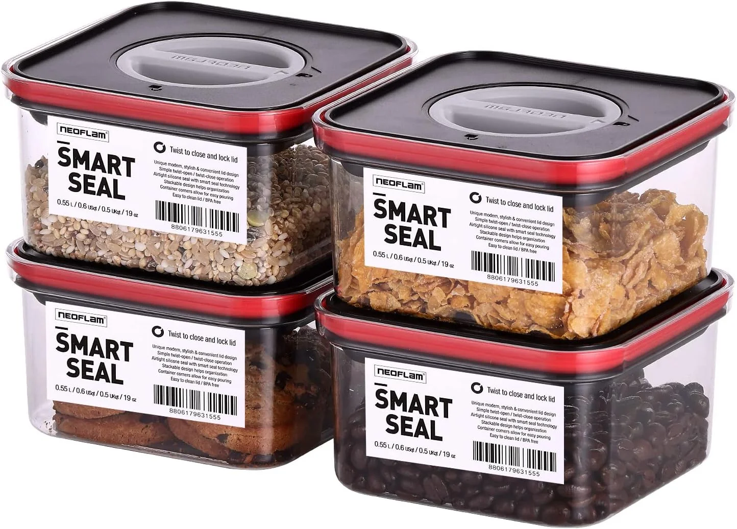 ظروف نگهداری مواد غذایی نئوفلم مدل Smart Seal، ست 4 عددی، فاقد BPA، ضد هوا، قابل شستشو در ماشین ظرفشویی، ظرف نگهداری با درب مشکی/قرمز، جعبه نگهداری شیرینی، آبنبات، غلات و غیره - 4 عدد 0.55 لیتری ظروف نگهداری مواد غذایی نئوفلم مدل Smart Seal، ست 4 عددی، فاقد BPA، ضد هوا، قابل شستشو در ماشین ظرفشویی، ظرف نگهداری با درب مشکی/قرمز، جعبه نگهداری شیرینی، آبنبات، غلات و غیره - 4 عدد 0.55 لیتری