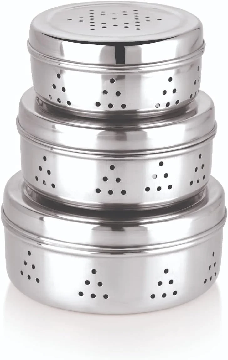 ظروف درب سوراخ دار استیل ناتولیکس با تهویه هوا، ظروف نگهداری مواد غذایی، مناسب برای نگهداری پوری، گشنیز، جوانه، میوه خشک، شکلات، ست 3 عددی - نقره ای ظروف درب سوراخ دار استیل ناتولیکس با تهویه هوا، ظروف نگهداری مواد غذایی، مناسب برای نگهداری پوری، گشنیز، جوانه، میوه خشک، شکلات، ست 3 عددی - نقره ای