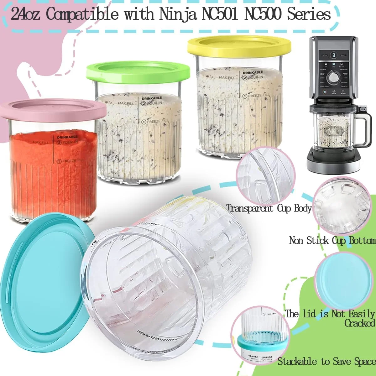 مجموعه 4 عددی ظروف جایگزین NLXCXUCY برای Ninja، پیمانه های Creami و درب 24 اونسی سازگار با دستگاه های بستنی ساز Ninja NC501 NC500 سری Deluxe، فنجان های XL قابل شستشو در ماشین ظرفشویی (24OZ)