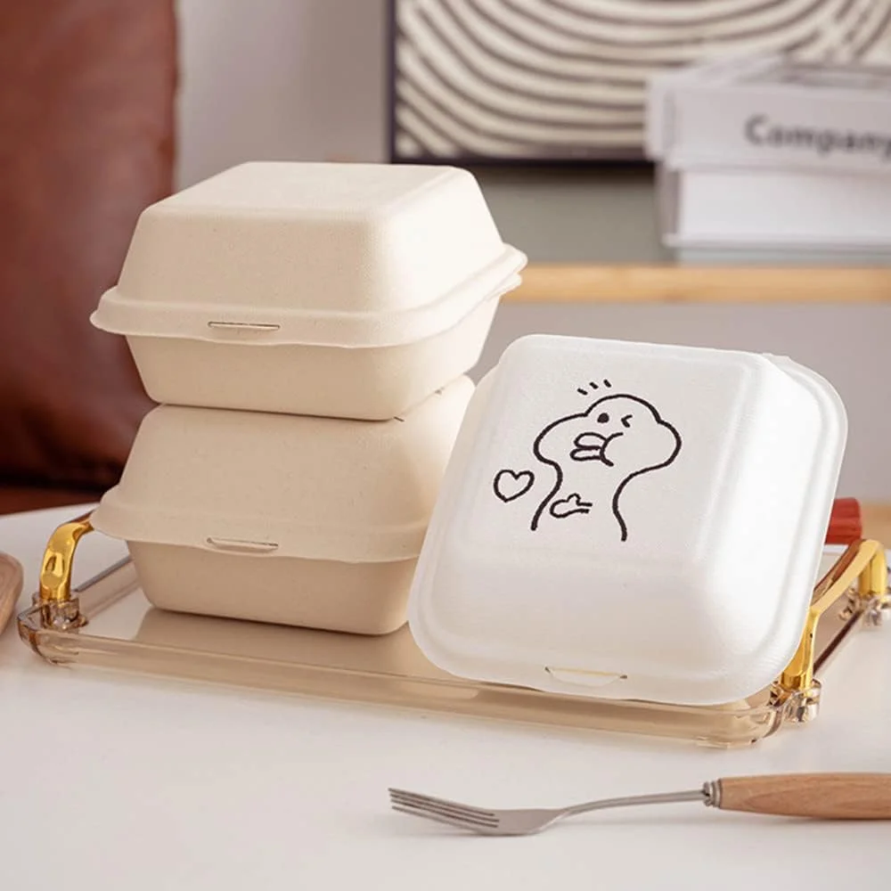 جعبه کیک بنتو نقاشی شده دستی Nanaiche، ظروف بیرون بر 6x6، ظروف صدفی کمپوست پذیر، ظروف غذای بیرون بر، بسته 50 عددی جعبه ناهار یکبار مصرف (رنگ پالپ)