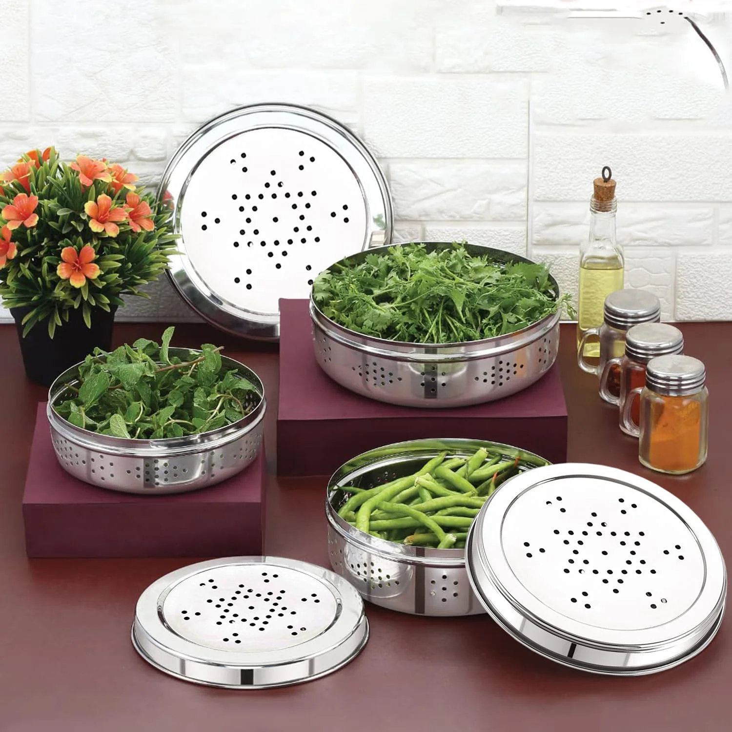 ظروف درب سوراخ دار استیل ناتولیکس با تهویه هوا، ظروف نگهداری مواد غذایی، مناسب برای نگهداری پوری، گشنیز، جوانه، میوه خشک، شکلات، ست 3 عددی - نقره ای
