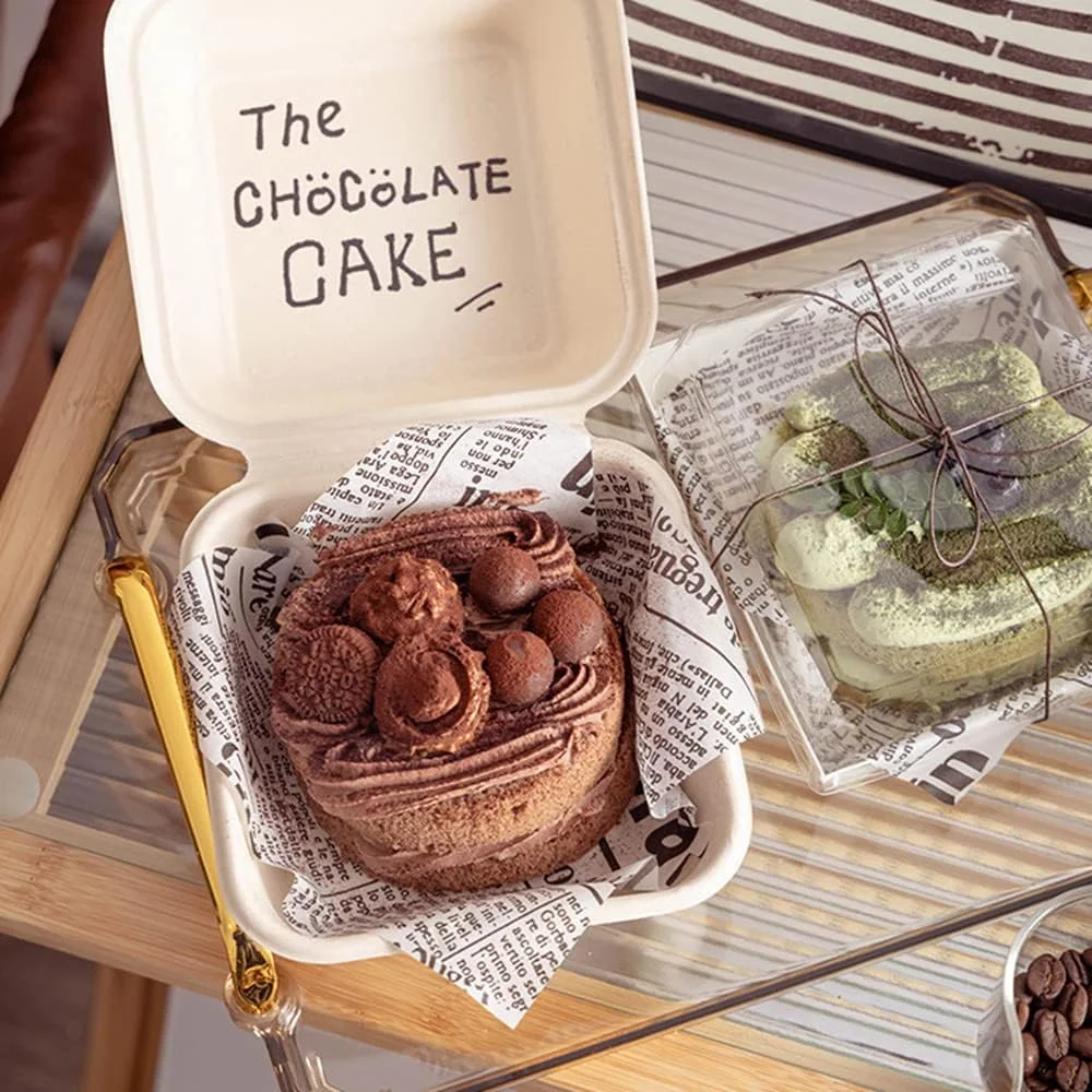 جعبه کیک بنتو نقاشی شده دستی Nanaiche، ظروف بیرون بر 6x6، ظروف صدفی کمپوست پذیر، ظروف غذای بیرون بر، بسته 50 عددی جعبه ناهار یکبار مصرف (رنگ پالپ)