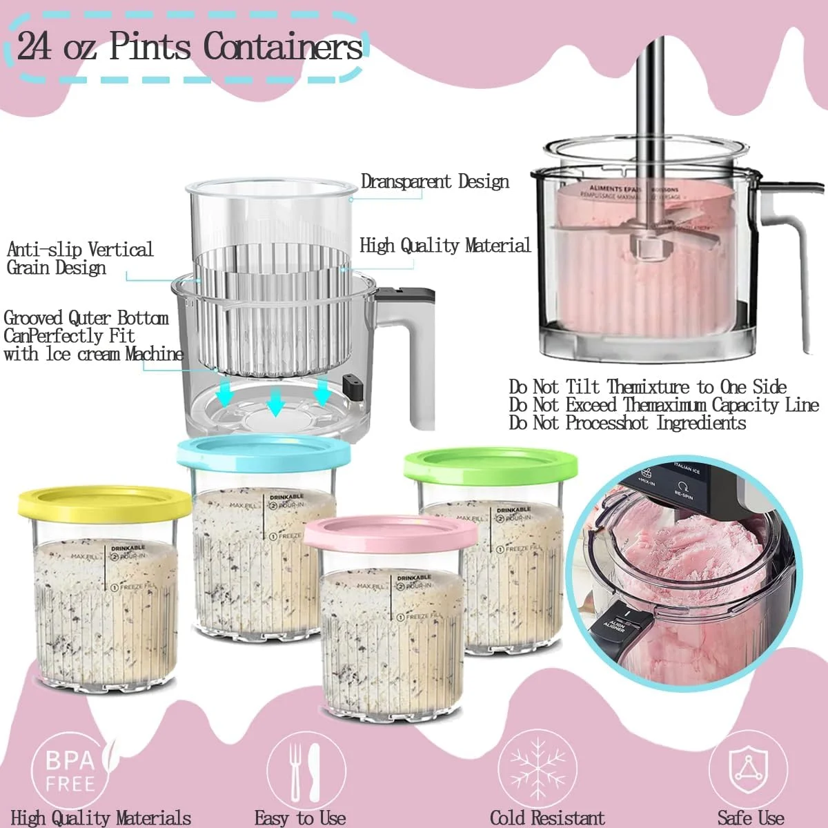 مجموعه 4 عددی ظروف جایگزین NLXCXUCY برای Ninja، پیمانه های Creami و درب 24 اونسی سازگار با دستگاه های بستنی ساز Ninja NC501 NC500 سری Deluxe، فنجان های XL قابل شستشو در ماشین ظرفشویی (24OZ)