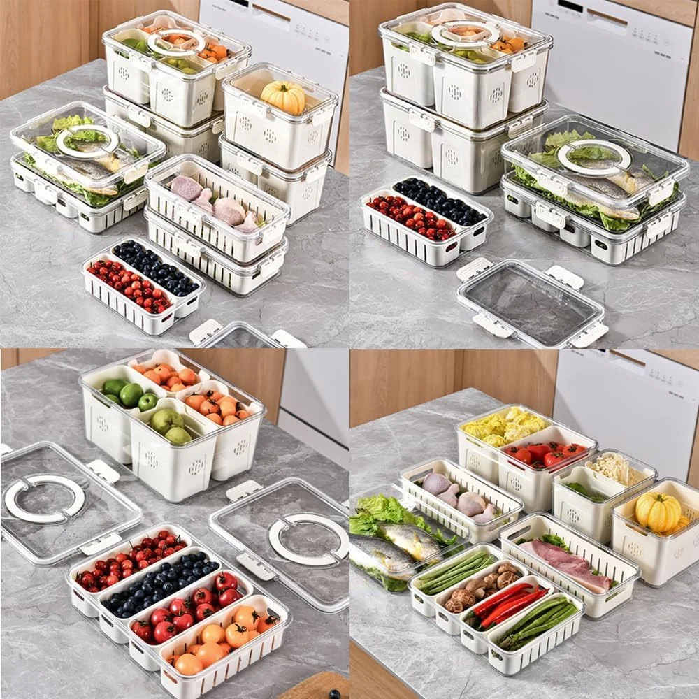 جعبه نظم دهنده یخچال NEEMAY، ظرف نگهداری مواد غذایی، ظرف نگهداری میوه برای یخچال با 2 سبد تخلیه در یک ظرف، جعبه صافی سبزیجات قابل چیدن با درب، 1 جعبه/ست سفید