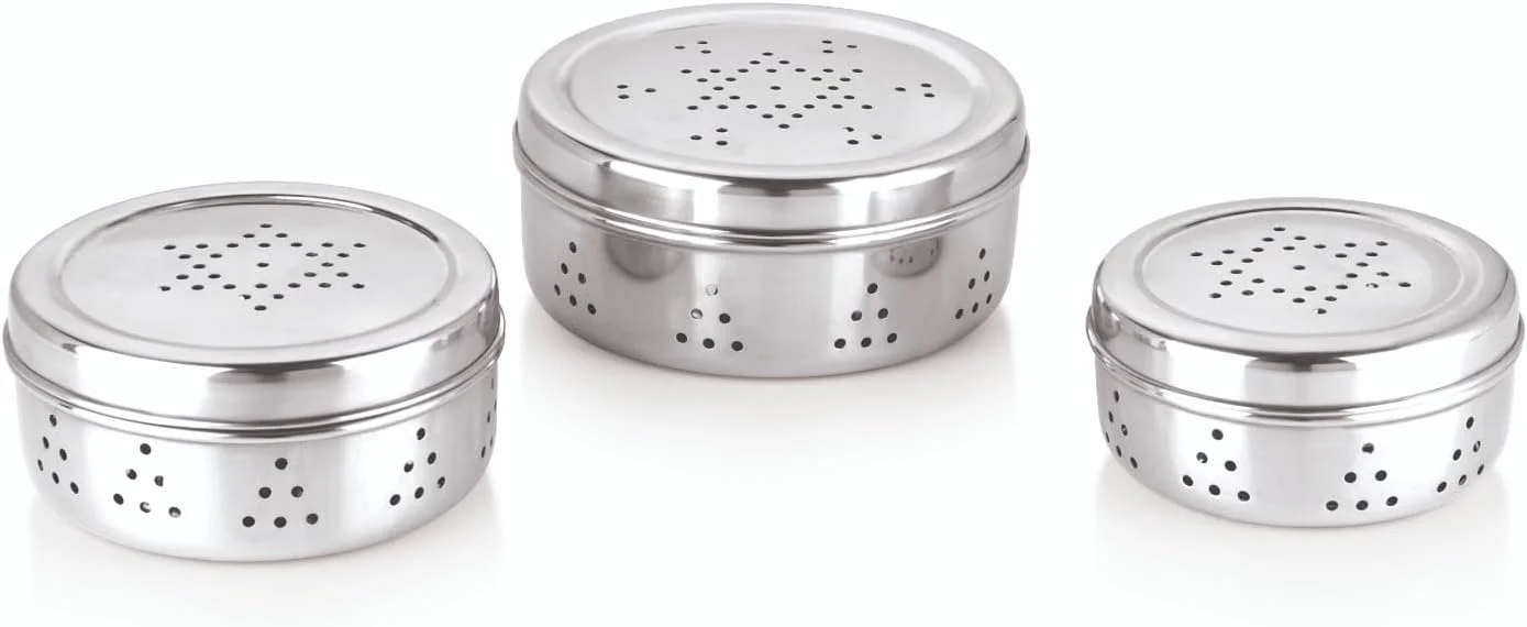 ظروف درب سوراخ دار استیل ناتولیکس با تهویه هوا، ظروف نگهداری مواد غذایی، مناسب برای نگهداری پوری، گشنیز، جوانه، میوه خشک، شکلات، ست 3 عددی - نقره ای