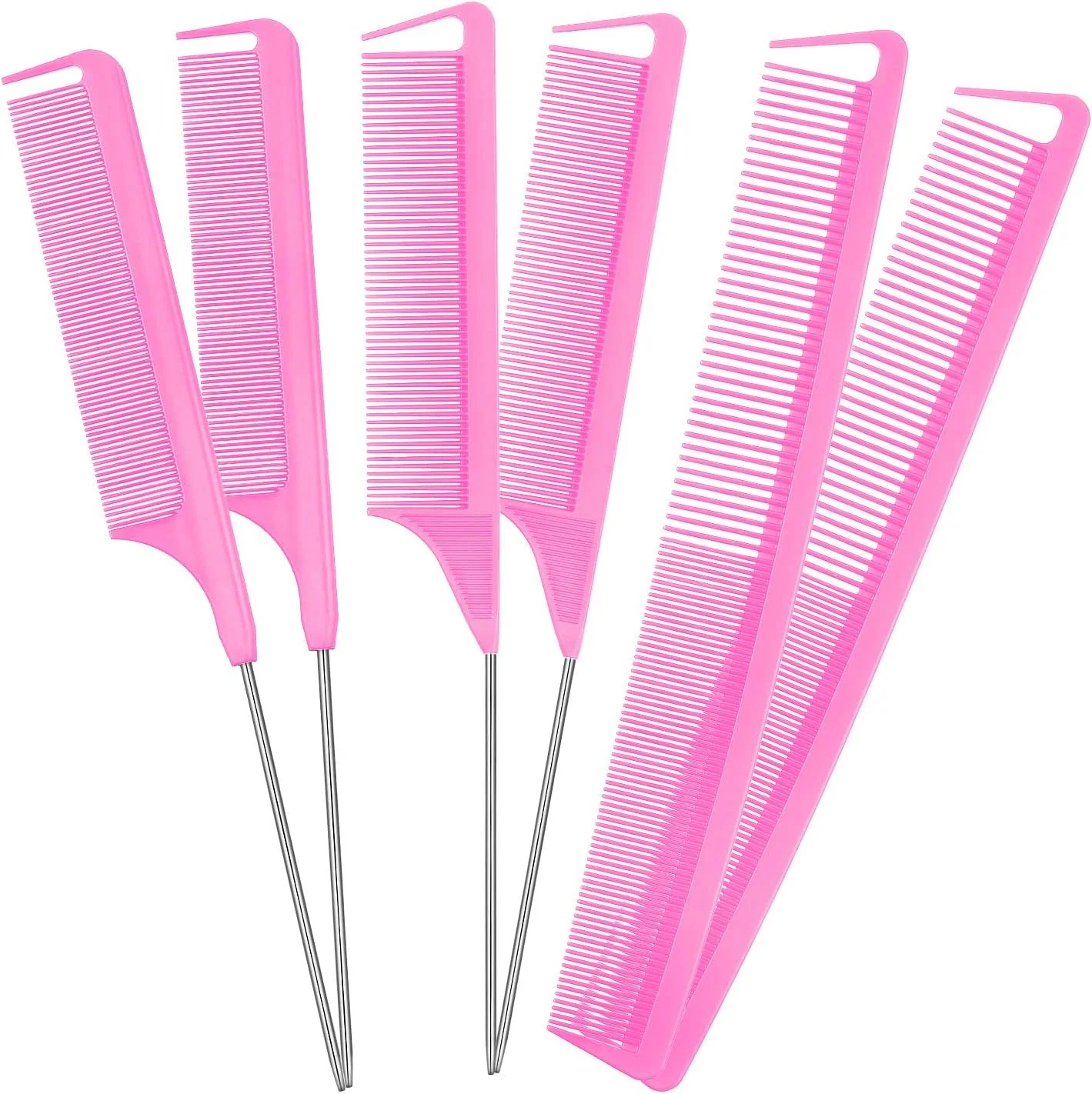 مجموعه شانه موی دم موشی پاتلای، 6 عددی، شامل شانه جداکننده، شانه دم باریک، شانه پوش دهنده فیبر کربنی، شانه حالت دهنده با دسته استیل ضد زنگ، مناسب برای بافت مو، استفاده در سالن و منزل (صورتی)