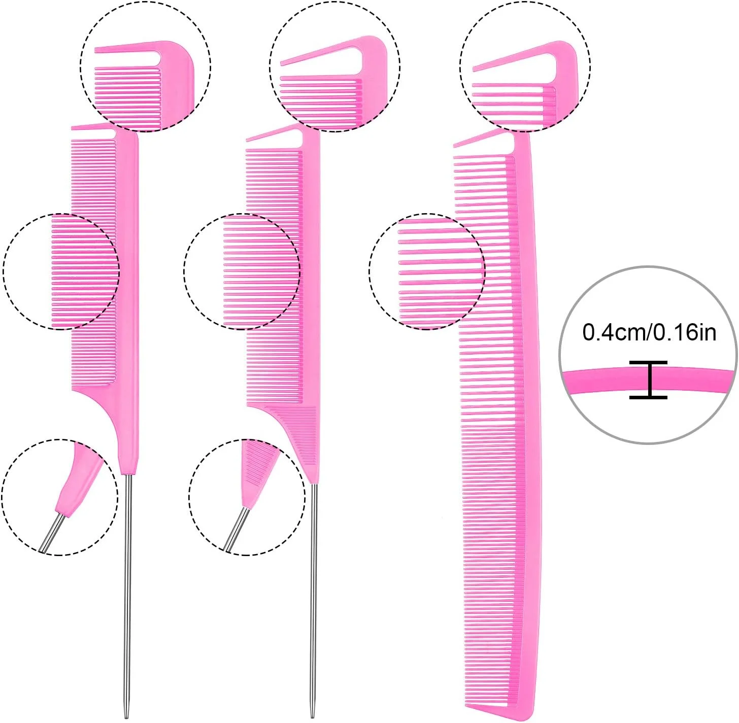 مجموعه شانه موی دم موشی پاتلای، 6 عددی، شامل شانه جداکننده، شانه دم باریک، شانه پوش دهنده فیبر کربنی، شانه حالت دهنده با دسته استیل ضد زنگ، مناسب برای بافت مو، استفاده در سالن و منزل (صورتی)
