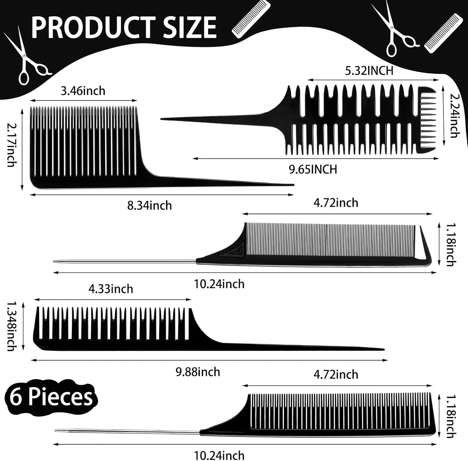 پاتلای 6 عدد شانه بافت مو، شانه رنگ مو، شانه تقسیم بافت، شانه فویلینگ، شانه دم موشی برای رنگ کردن مو (مدل های مختلف)