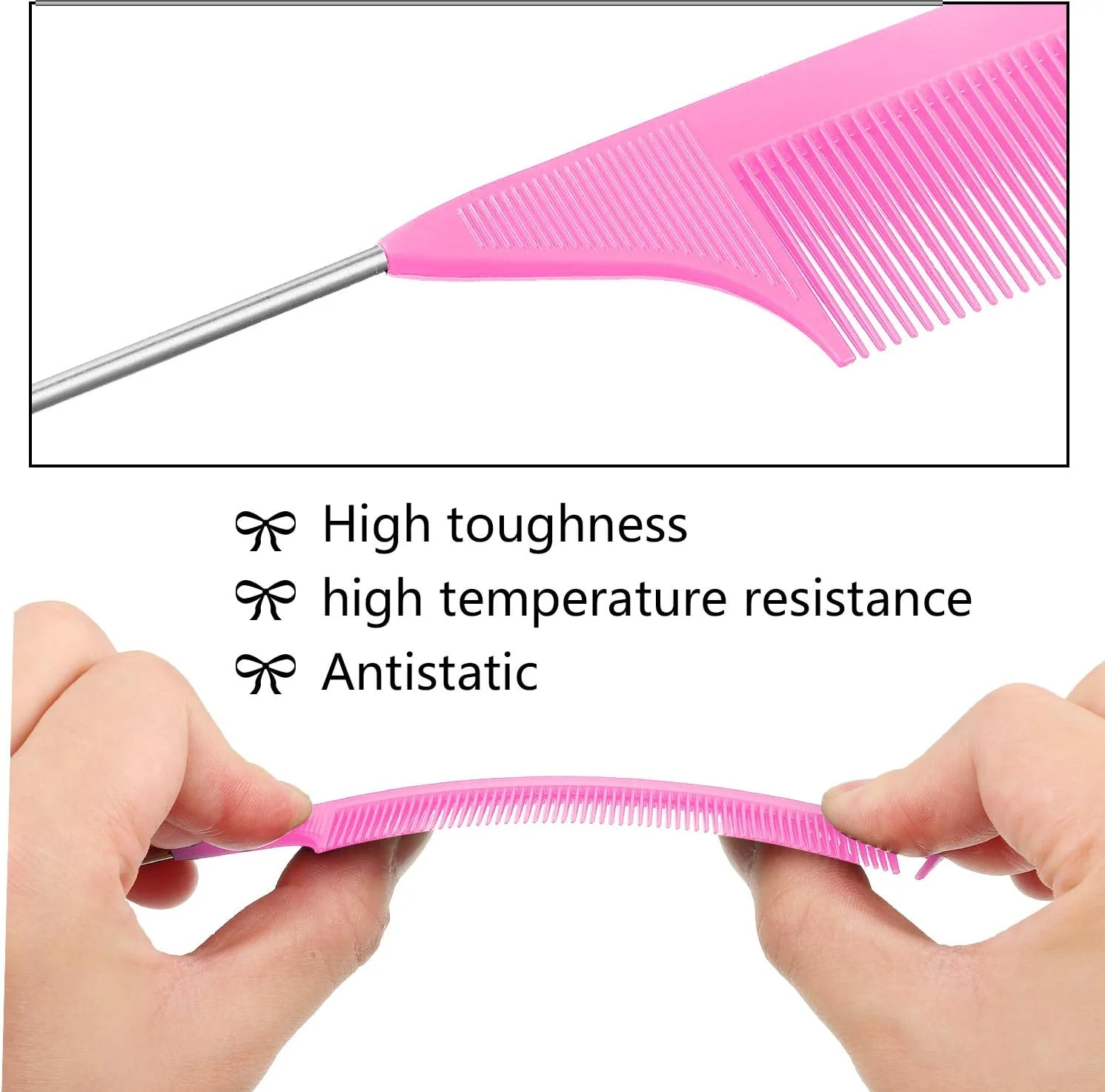 مجموعه شانه موی دم موشی پاتلای، 6 عددی، شامل شانه جداکننده، شانه دم باریک، شانه پوش دهنده فیبر کربنی، شانه حالت دهنده با دسته استیل ضد زنگ، مناسب برای بافت مو، استفاده در سالن و منزل (صورتی)