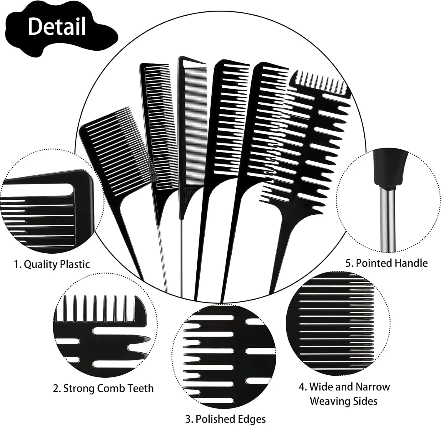 پاتلای 6 عدد شانه بافت مو، شانه رنگ مو، شانه تقسیم بافت، شانه فویلینگ، شانه دم موشی برای رنگ کردن مو (مدل های مختلف)