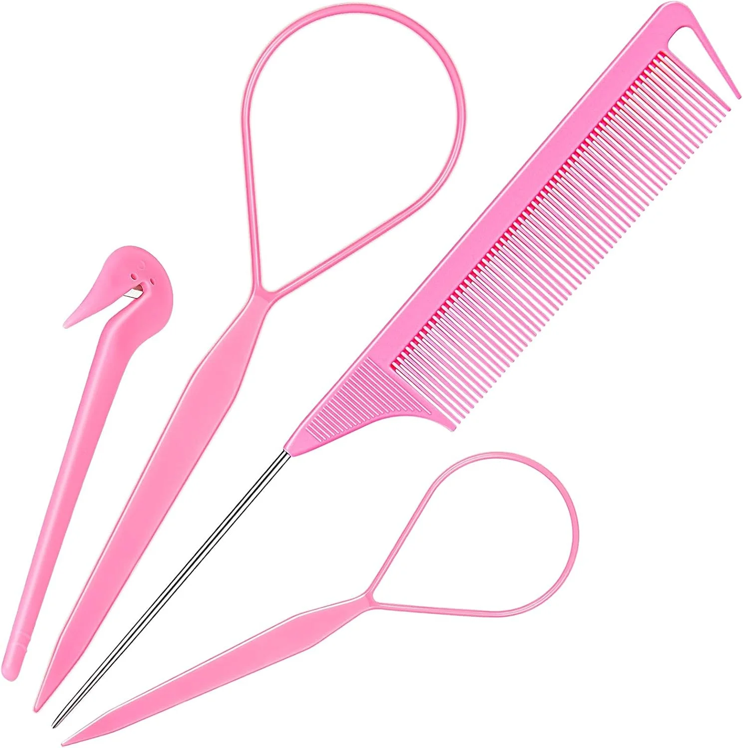 ست ابزار تری 4 تکه NA، 2 عدد ابزار بافتنی فرانسوی، تری، 1 عدد چاقوی برداشتن هدبند الاستیک، 1 شانه دم موشی و شانه بافتنی فلزی، صورتی