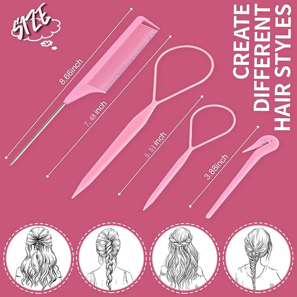 ست ابزار تری 4 تکه NA، 2 عدد ابزار بافتنی فرانسوی، تری، 1 عدد چاقوی برداشتن هدبند الاستیک، 1 شانه دم موشی و شانه بافتنی فلزی، صورتی