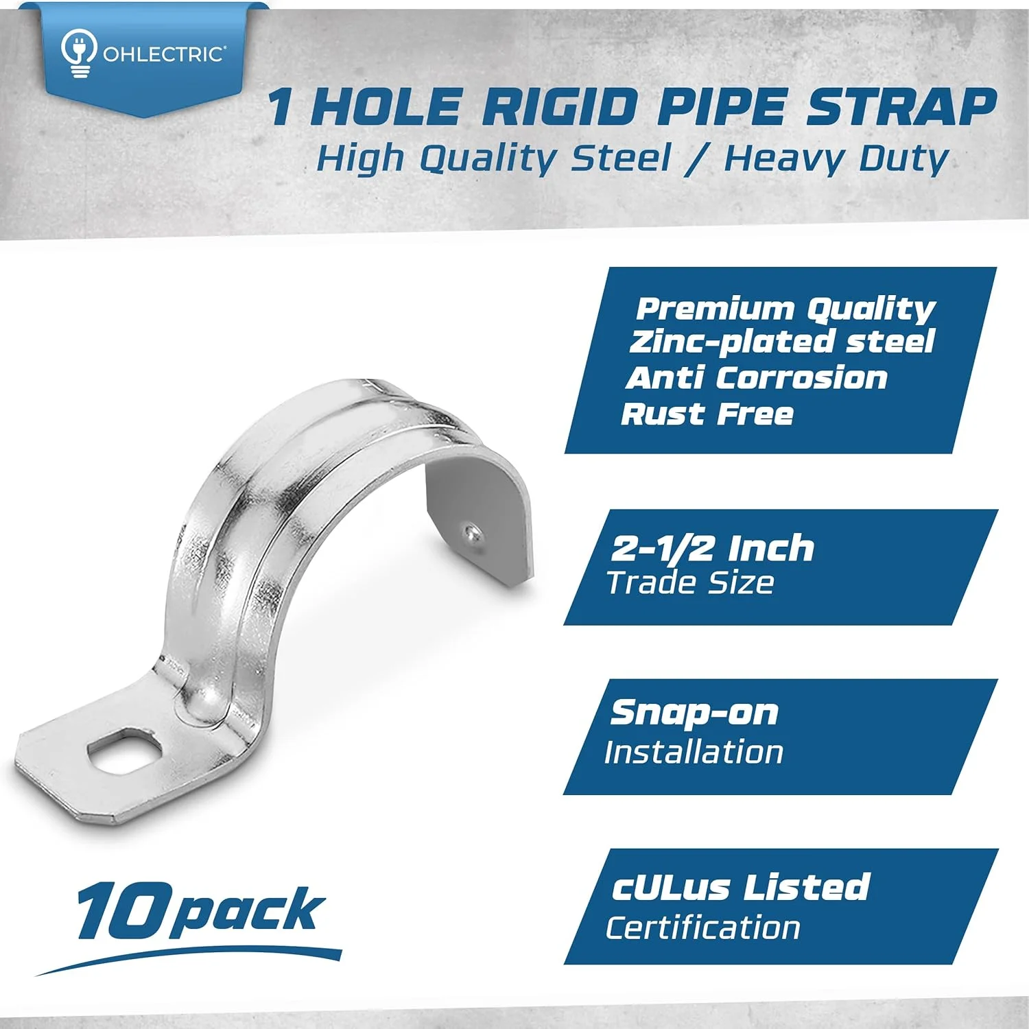 بست لوله سنگین OHLECTRIC (بسته 10 عددی - 2 ½ اینچ) بست های لوله گالوانیزه، بست لوله صلب فولادی تک سوراخ، گیره لوله کششی با روکش روی، بست لوله فلزی برای لوله های صلب
